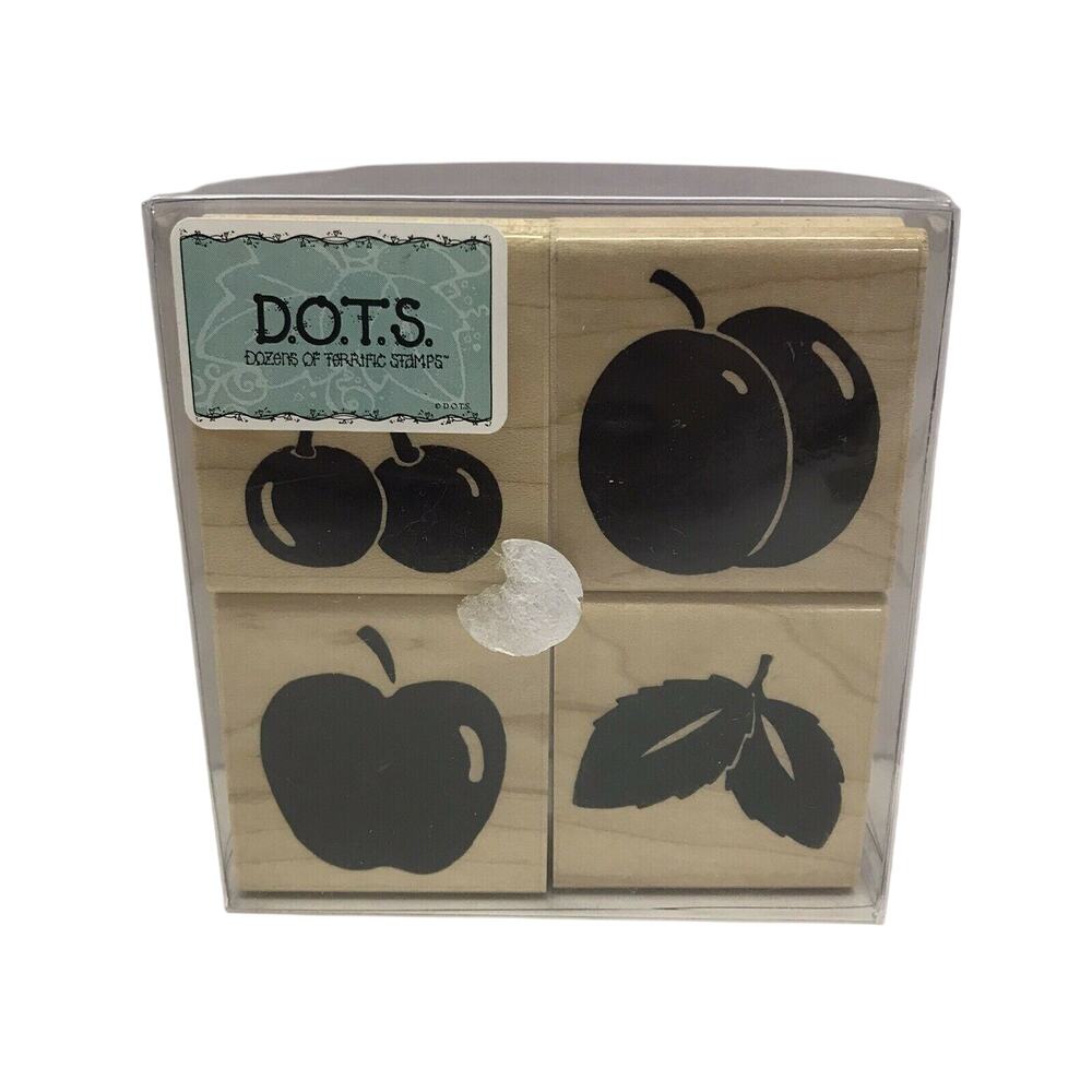 New Set 4 D.O.T.S. Fruit Rubber Stamps 204 Cherries Apples Peaches Leaves 2"x2"